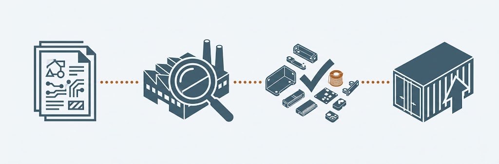 Four-stage sourcing process: specification, factory selection, quality verification, shipment
