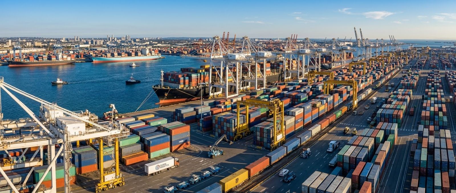Container port at sunrise — international shipping of manufactured components