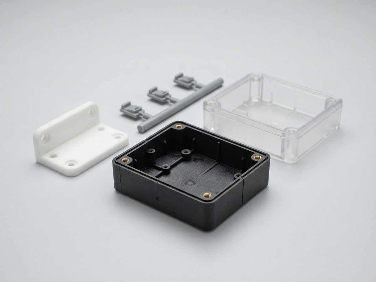 Custom injection-moulded plastic enclosure and parts with a moulding sprue