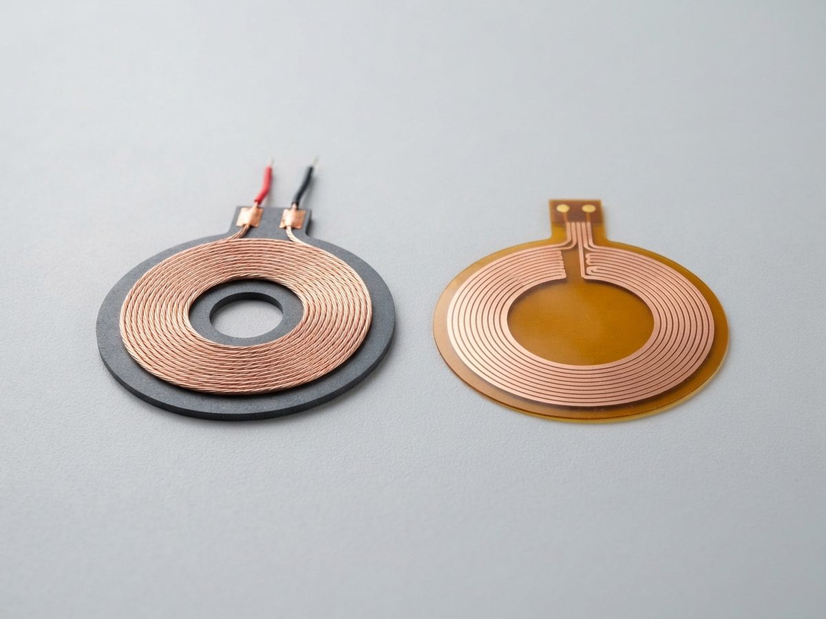 Litz-wire wireless charging coil with ferrite sheet and a printed NFC antenna coil